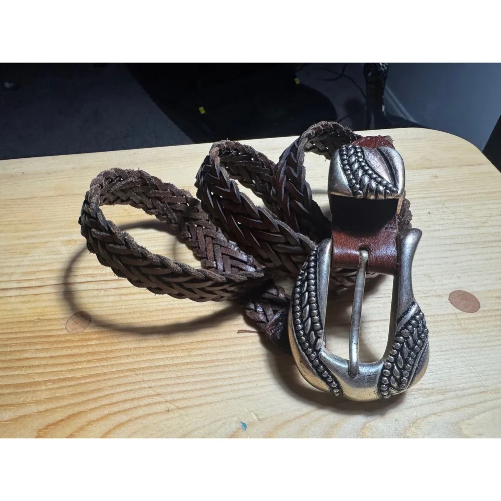 Argentina Vtg women's Belt Silver tone Engraved Buckle Boho Braided Leather  34